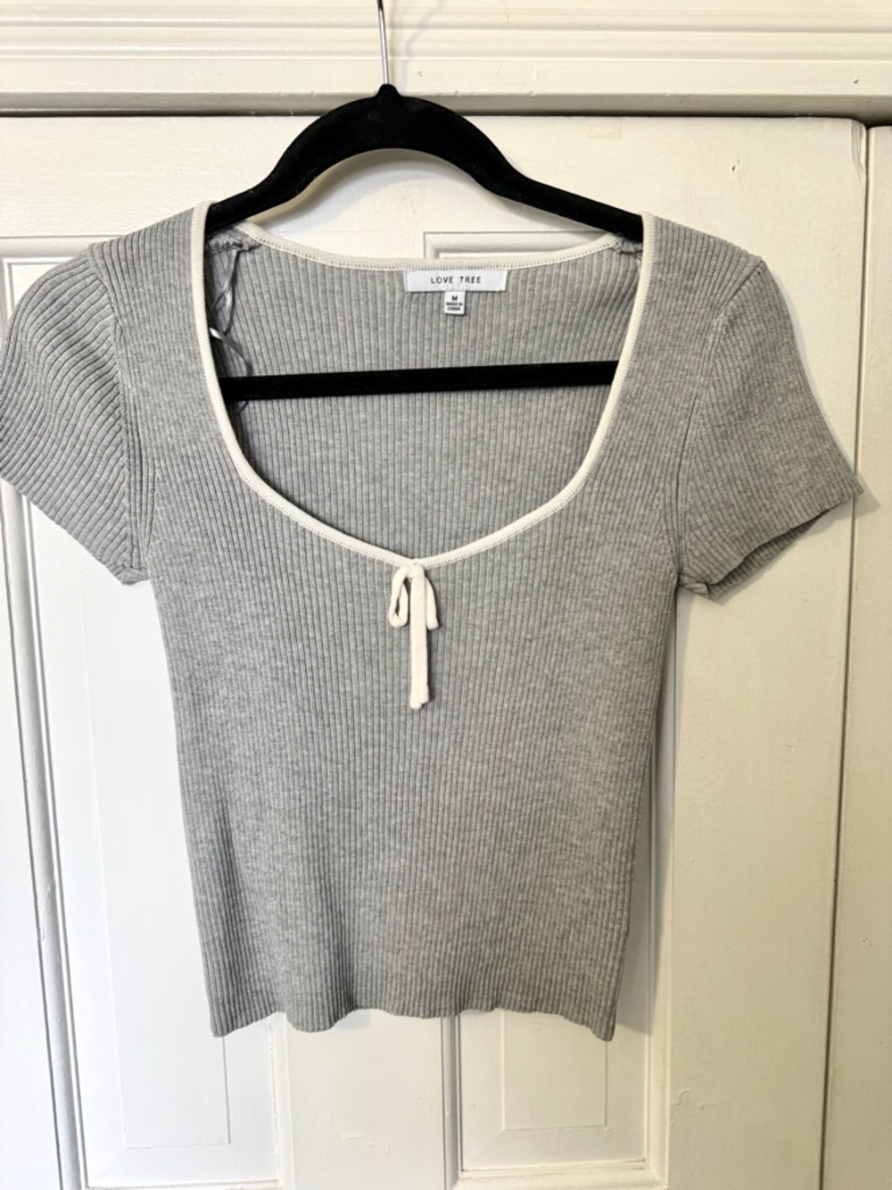 Love Tree Light Gray Ribbed Scoop Tie Short Sleeve Top
